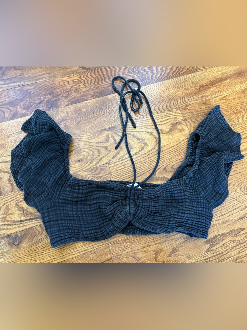 Anthropologie Black Ruched Crop Top with Tie-Front